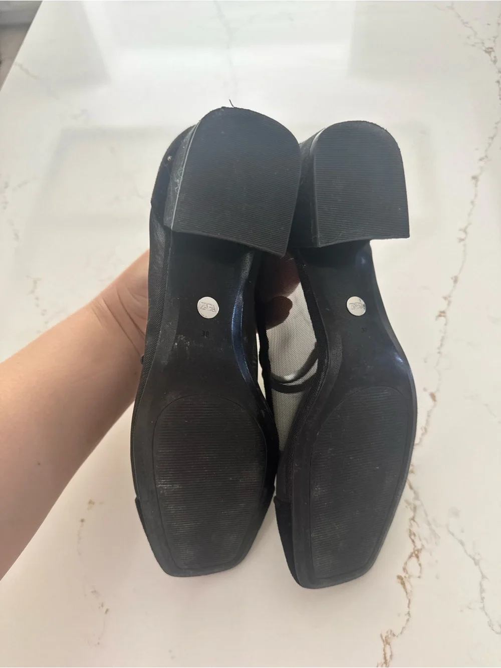 Zara Black Mesh Mary Jane Heels with Square Toe Cap